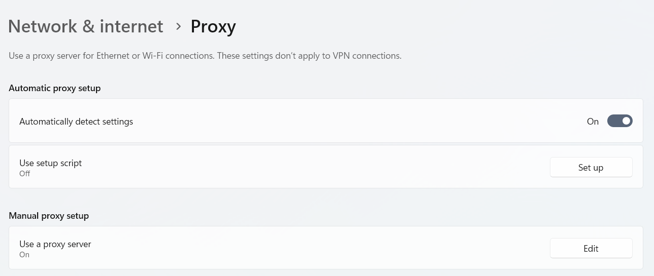 Windows 설정의 Network & internet > Proxy 화면