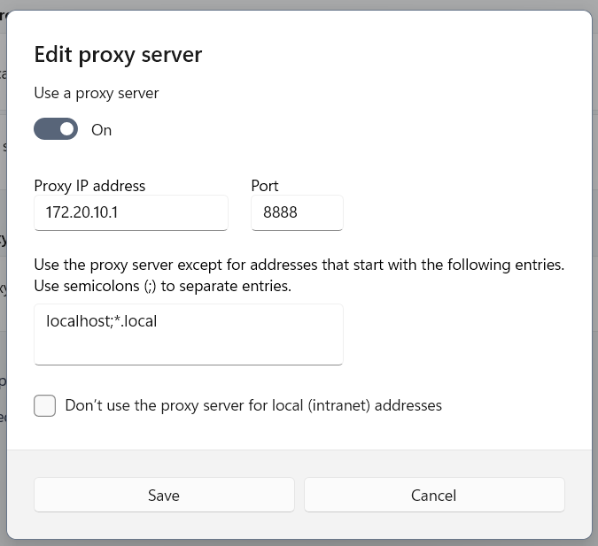 Windows Edit proxy server 대화상자에 172.20.10.1과 포트 8888을 입력한 화면