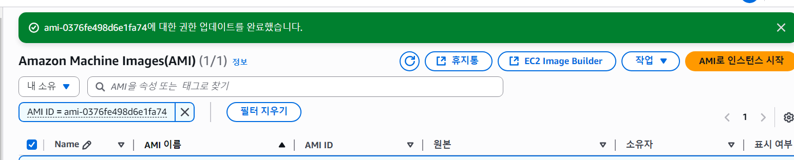 AMI ami-0376fe498d6e1fa74의 권한 업데이트가 완료됐다는 AWS 콘솔 알림
